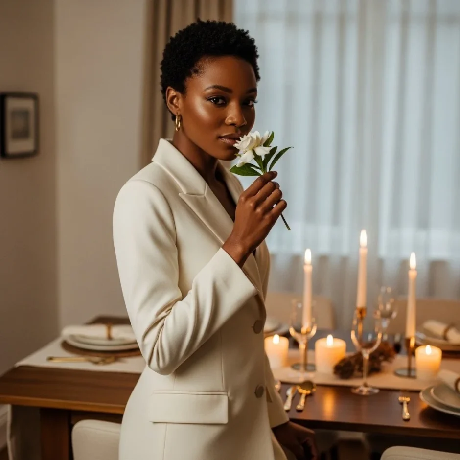 Beautiful woman smelling a single Gardenia beside an elegant December holiday table, showcasing luxury Gardenias for winter weddings and holiday centerpieces.