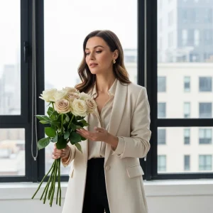 Floral buyer in a modern city loft holding premium ivory and champagne roses, representing luxury rose selection for 2025 winter weddings and events.