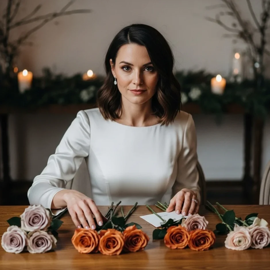 Winter wedding table styled with dusty rose and terracotta flowers, neutral linens, and soft candlelight for a modern 2025 wedding color palette.