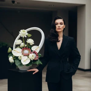 Modern winter event styling with white lotus, anthurium, and protea in a sculptural tropical floral arrangement