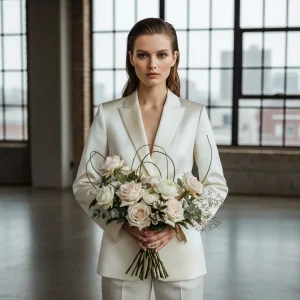 Modern 2026 wedding flower trend featuring a bride holding a neutral-toned bouquet with PREMIUM ROSES, soft blush blooms, and refined GREENERY & FILLERS in a contemporary winter setting.