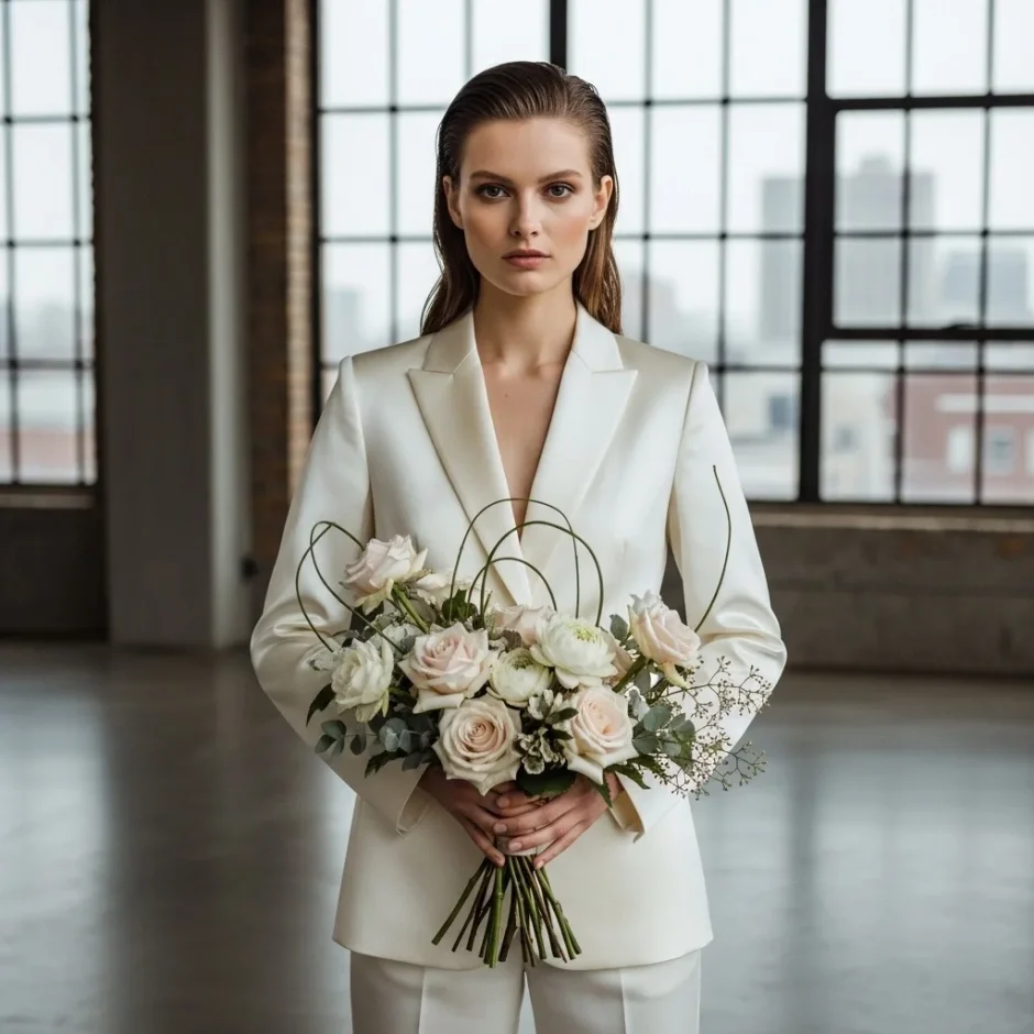 Modern 2026 wedding flower trend featuring a bride holding a neutral-toned bouquet with PREMIUM ROSES, soft blush blooms, and refined GREENERY & FILLERS in a contemporary winter setting.