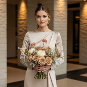 Elegant bride in champagne-toned dress holding warm neutral wedding bouquet featuring dusty rose, terracotta, and champagne flowers for 2026 winter wedding color trends
