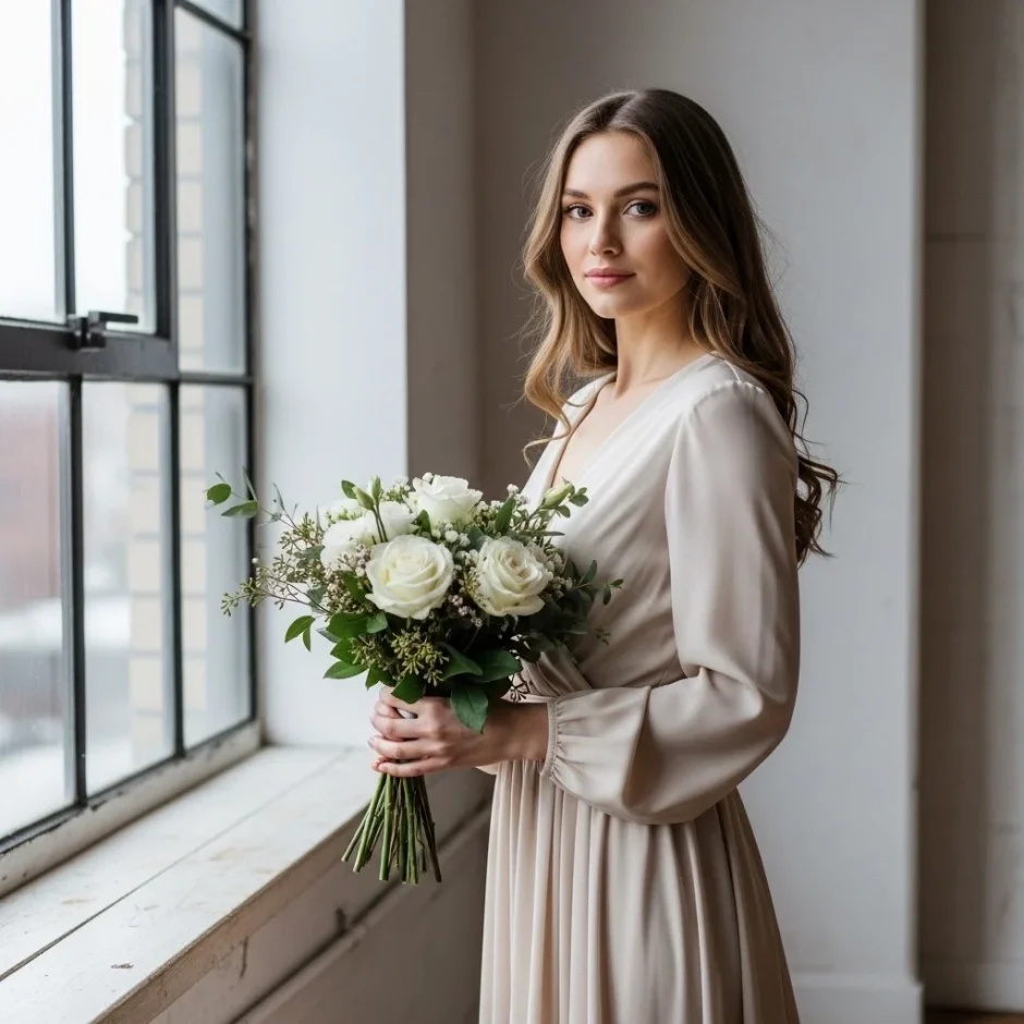 Bride in flowing champagne dress holding an elegant white rose and greenery bouquet while planning wedding flowers for a modern 2026 celebration.