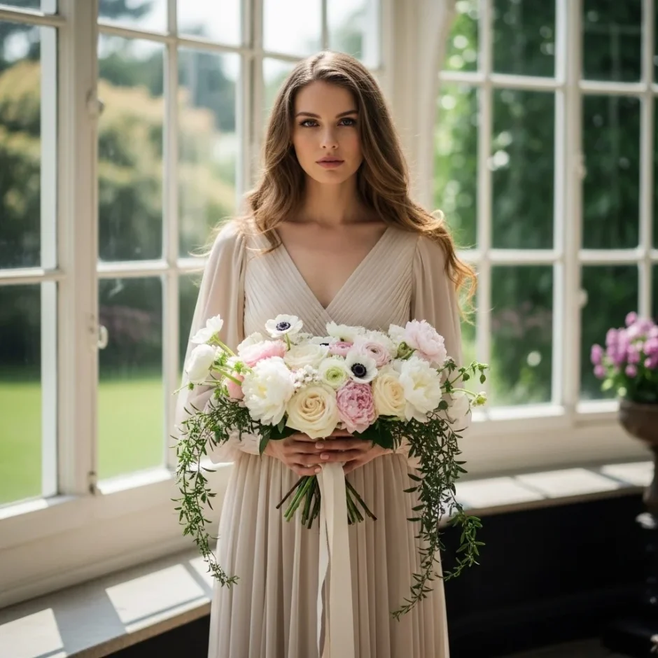 Bride in a flowing neutral dress holding a bouquet of roses, peonies, ranunculus, and greenery for a winter-to-spring 2026 wedding.