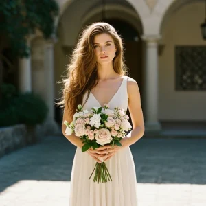 Bride in flowing ivory dress holding a bouquet of premium roses and gardenias in a sunlit courtyard, showcasing the most requested wedding flowers for 2026.