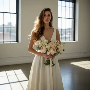 Bride holding a modern neutral wedding bouquet featuring roses, peonies, and greenery in a bright studio setting for 2026 wedding inspiration
