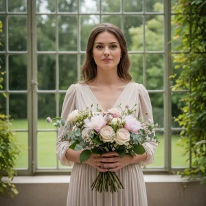 Bride in a light-filled conservatory holding a soft neutral wedding bouquet with roses, peonies, ranunculus, and greenery for early 2026 wedding planning.