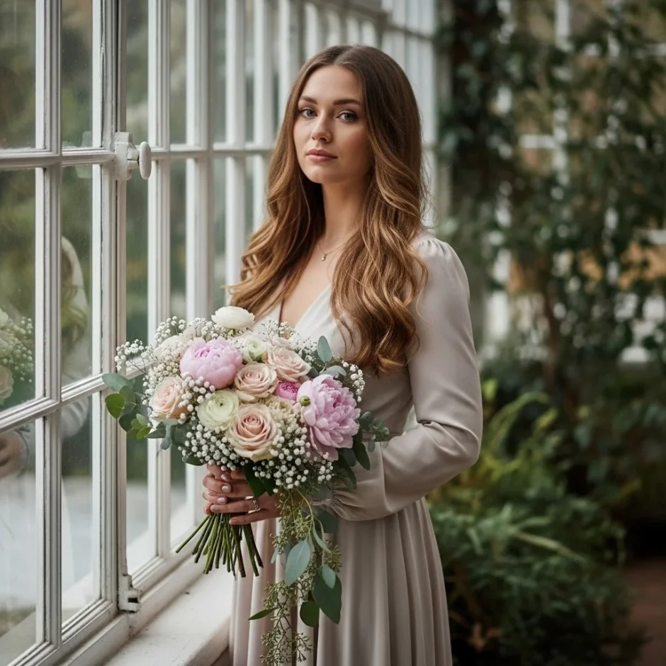 Bride in flowing neutral dress holding a soft winter bridal bouquet of roses, peonies, ranunculus, eucalyptus, and greenery in a sunlit conservatory, evoking Christmas morning wedding inspiration.