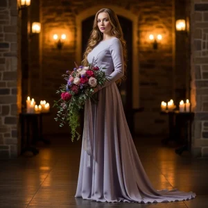 Winter wedding bride in a flowing ivory gown holding a lush bouquet of roses, ranunculus, and greenery inside a candlelit stone venue, showcasing the romantic beauty of cold-season wedding flowers.