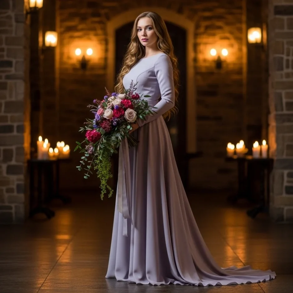 Winter wedding bride in a flowing ivory gown holding a lush bouquet of roses, ranunculus, and greenery inside a candlelit stone venue, showcasing the romantic beauty of cold-season wedding flowers.