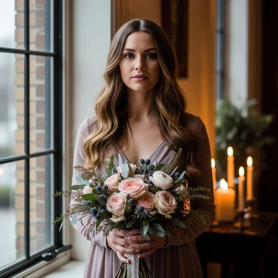 Romantic winter floral arrangement with luxury Roses and Greenery, styled like wedding flowers and inspired by Valentine’s Day elegance.