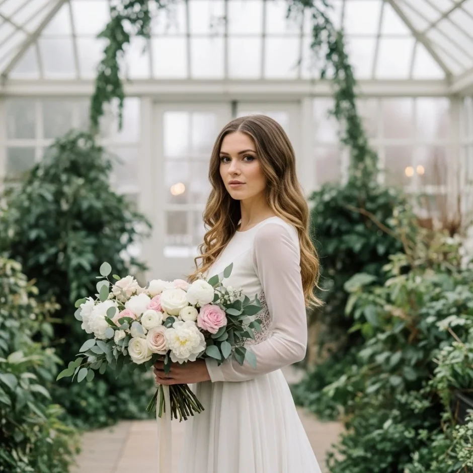 Winter bride holding a bouquet of white roses, blush flowers, and evergreen greenery in a bright conservatory setting