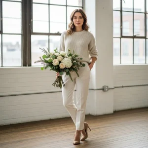 Bride planning a winter wedding holding a bouquet of white roses, hydrangeas, and eucalyptus in a bright loft, representing early January wedding flower planning and wholesale floral savings