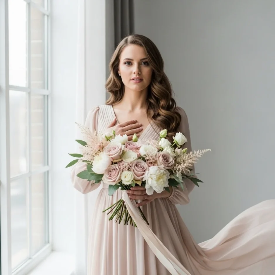 Romantic bridal bouquet with blush ROSES, soft PEONIES, and airy GREENERY, styled in natural winter light to inspire Valentine’s Day romance and wedding flower design.