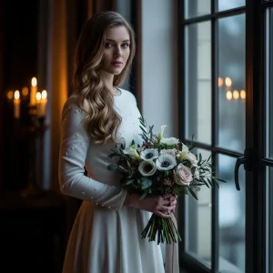 Winter bride holding white floral bouquet with anemones, calla lilies, and greenery in candlelit low-light wedding setting.