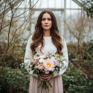Early spring bride holding a soft pastel bouquet in a winter greenhouse, symbolizing January wedding flower planning and seasonal inspiration.