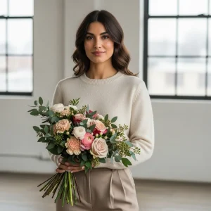 DIY winter wedding bouquet featuring roses, ranunculus, eucalyptus, and greenery styled indoors for cold weather durability