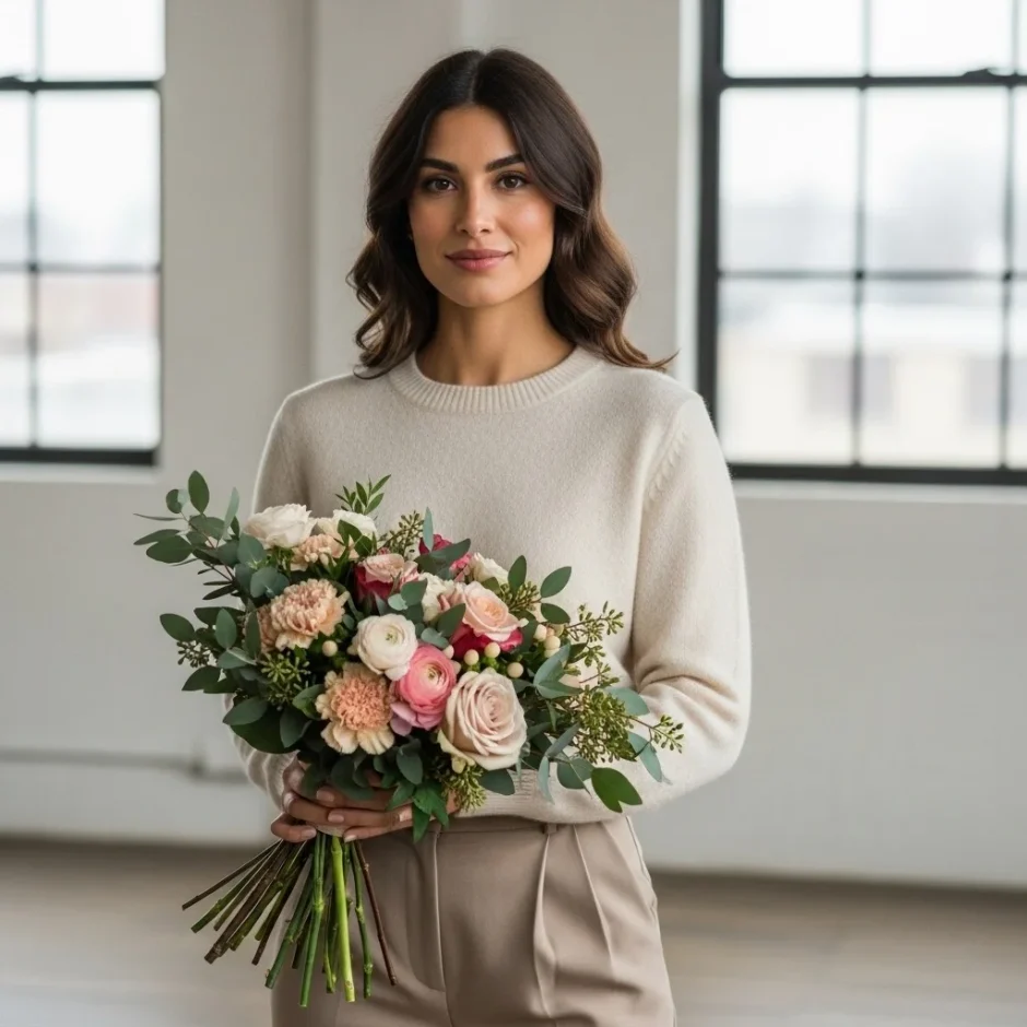 DIY winter wedding bouquet featuring roses, ranunculus, eucalyptus, and greenery styled indoors for cold weather durability