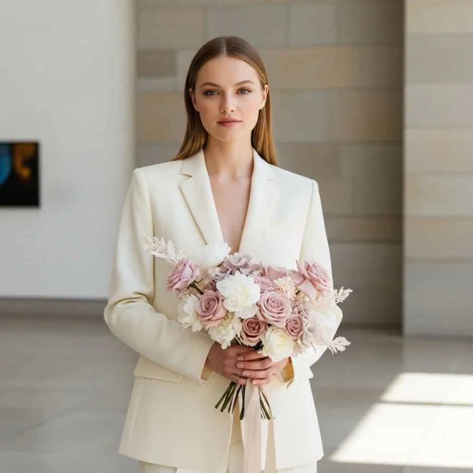 Bride in an ivory pantsuit holding a soft blush and ivory wedding bouquet symbolizing lasting love beyond Valentine’s Day.
