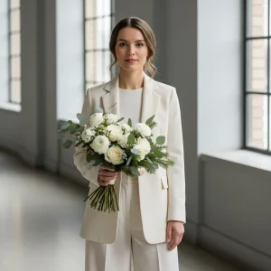 Elegant winter bride holding a minimalist white and greenery wedding bouquet in a modern interior, showcasing intentional winter wedding flower design and refined bridal style.