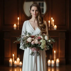 Bride holding a winter wedding bouquet made with wholesale roses, hydrangeas, ranunculus, and greenery in a candlelit winter ceremony setting.