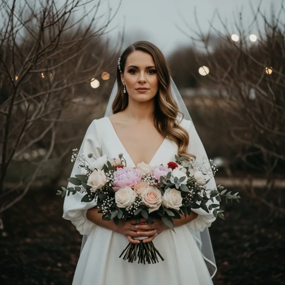 Bride in a flowing wedding dress holding a symbolic winter wedding bouquet with roses, peonies, ranunculus, and greenery in a natural outdoor setting.