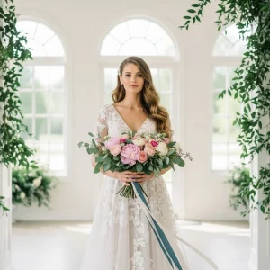 Bride in a flowing white wedding dress holding a lush spring bouquet of roses, peonies, and greenery, illustrating bulk vs retail flower choices for spring weddings.