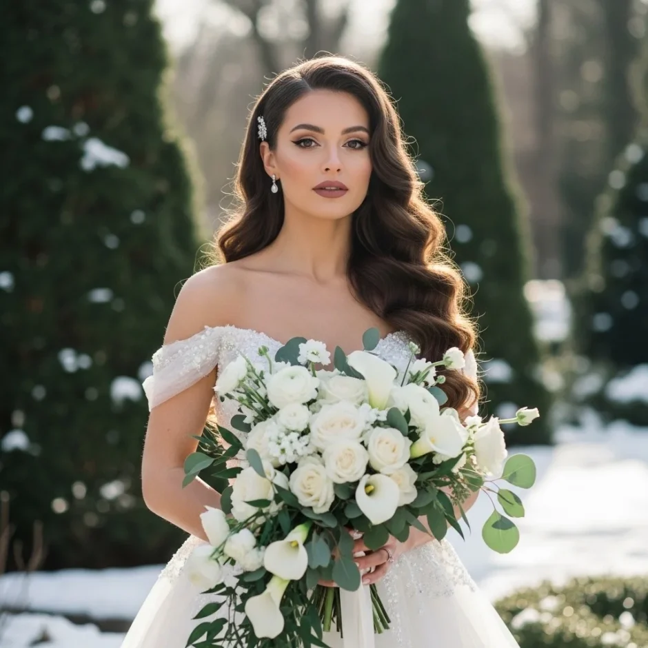 Bride holding winter wedding bouquet with white roses, ranunculus, and greenery for elegant January ceremony – inspiration for winter wedding flowers.