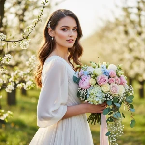 Bride holding pastel wedding bouquet in a spring garden, featuring roses, ranunculus, and greenery for spring weddings.
