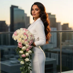 Bride holding a cascading bouquet of white and blush roses on a rooftop terrace with a city skyline in the background.