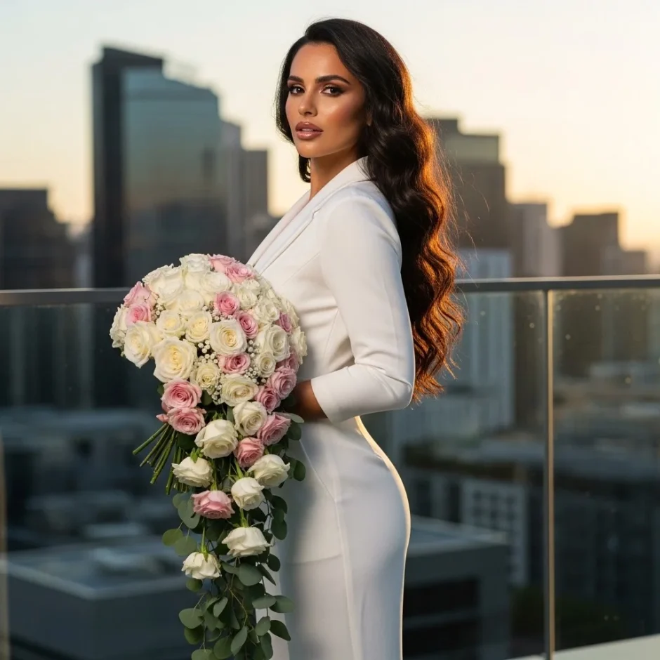Bride holding a cascading bouquet of white and blush roses on a rooftop terrace with a city skyline in the background.