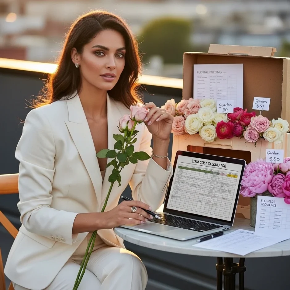 Wedding planner reviewing wholesale flower prices with roses and peonies on rooftop workspace for bulk floral order budgeting.