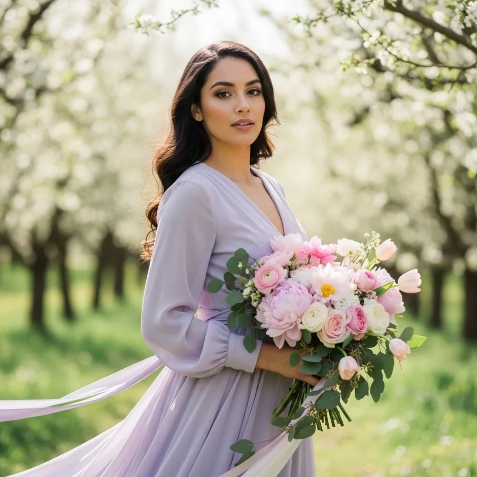 Beautiful spring bride holding pastel bouquet of roses, peonies, ranunculus and greenery in a blooming orchard for outdoor spring wedding inspiration.