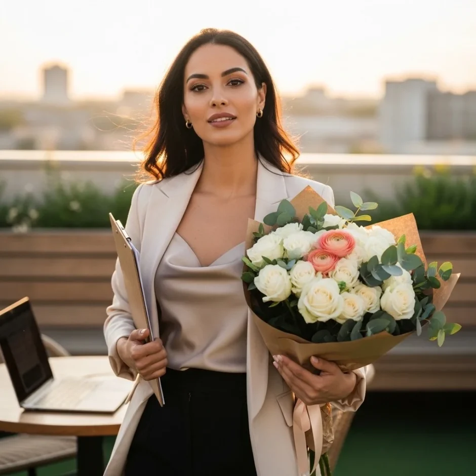 Bride holding fresh wholesale flowers after delivery with city skyline in background, showcasing wedding flower ordering and bulk wedding blooms.