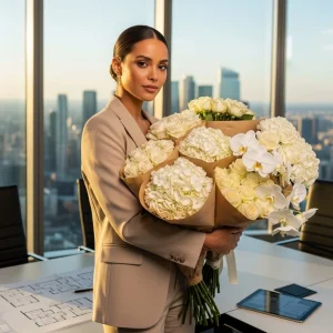 Event planner holding large bouquet of white roses and hydrangeas on a rooftop at sunset, reviewing wholesale flowers for a corporate gala setup.