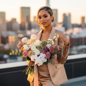Professionally dressed woman holding a large bridal bouquet on a rooftop at sunset overlooking the city skyline, showcasing modern wedding flowers in soft neutral tones.