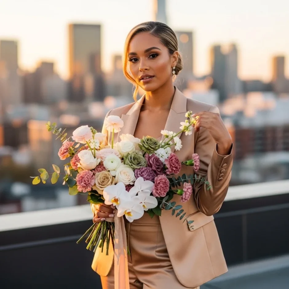 Professionally dressed woman holding a large bridal bouquet on a rooftop at sunset overlooking the city skyline, showcasing modern wedding flowers in soft neutral tones.