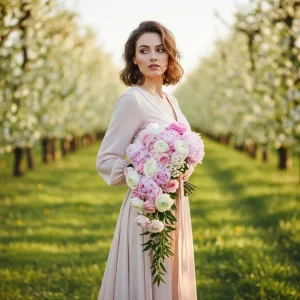 Bridal model in orchard holding pastel peony bouquet, showcasing wholesale peonies for spring weddings with soft natural lighting.