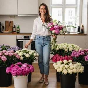 Woman arranging bulk wedding flowers in buckets inside a home studio, featuring roses, peonies, hydrangeas, and greenery for DIY wedding floral projects.