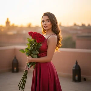 Woman holding a bouquet of red roses at sunset on a rooftop terrace, wearing a red dress with city skyline in the background.