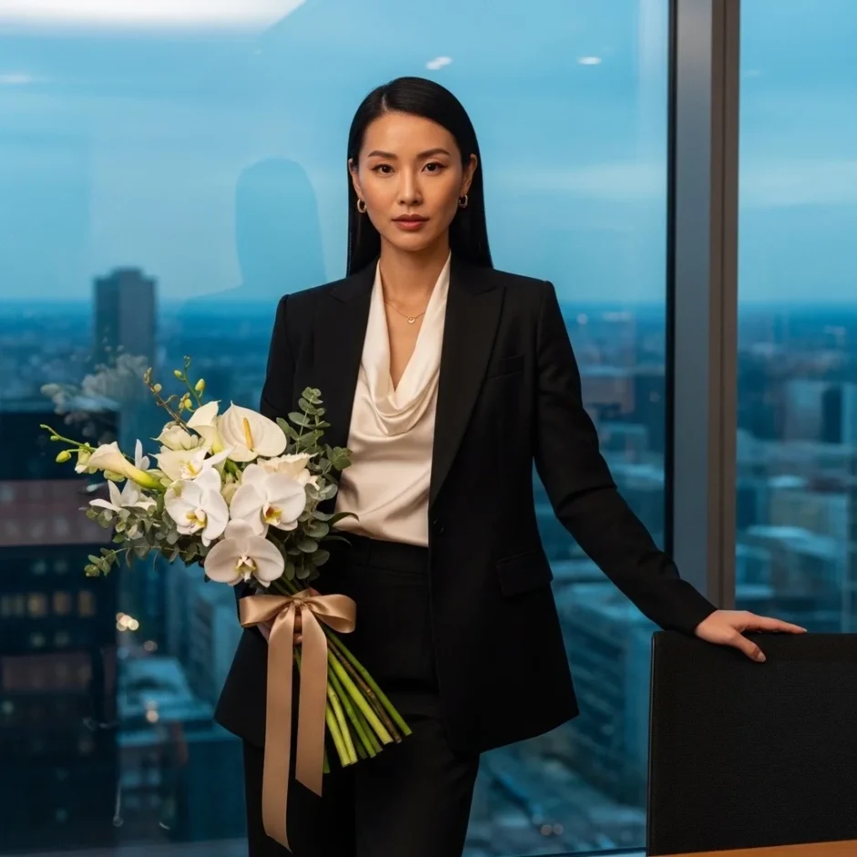 Businesswoman in a high-rise boardroom holding a bouquet of white orchids, calla lilies, and greenery with a city skyline in the background.