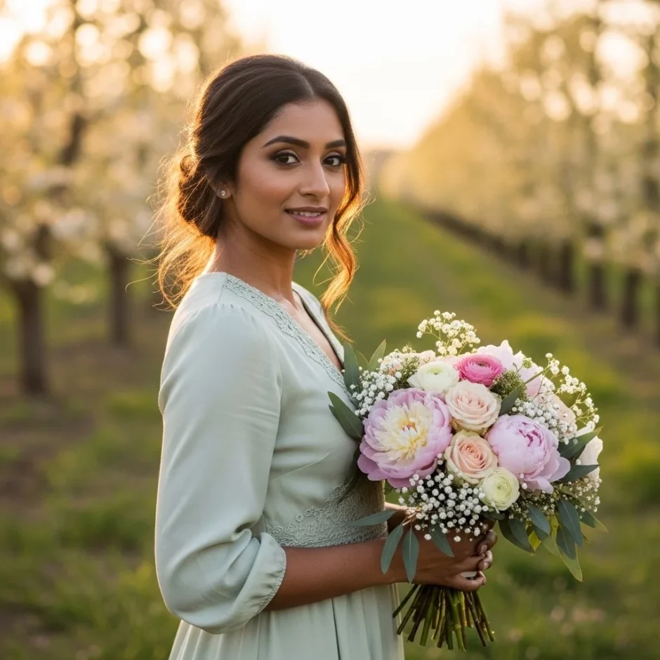 Bride holding a spring wedding bouquet with Roses, Peonies, Ranunculus and Baby’s Breath in an orchard, demonstrating focal and filler flower design.