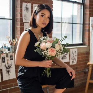 Bride assembling DIY wedding flowers with wholesale roses, ranunculus, and greenery on a table, showing how to budget and arrange blooms for wedding bouquets.