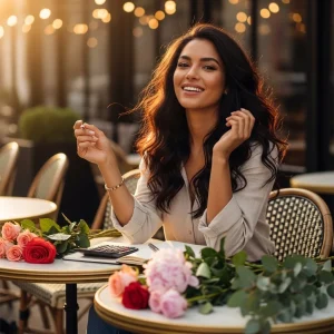 Bride-to-be sitting at a rustic table arranging DIY wedding flowers including roses, eucalyptus and baby’s breath for centerpieces, part of a wedding flower calculator and budget planning guide.