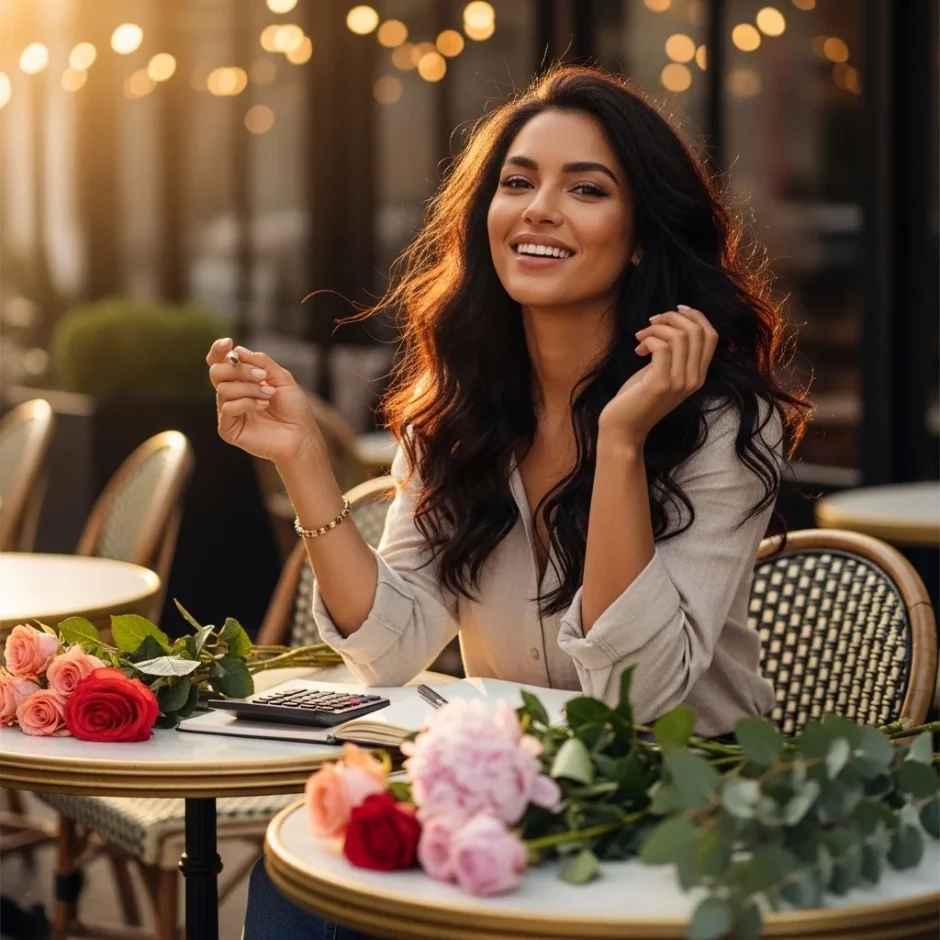 Bride-to-be sitting at a rustic table arranging DIY wedding flowers including roses, eucalyptus and baby’s breath for centerpieces, part of a wedding flower calculator and budget planning guide.