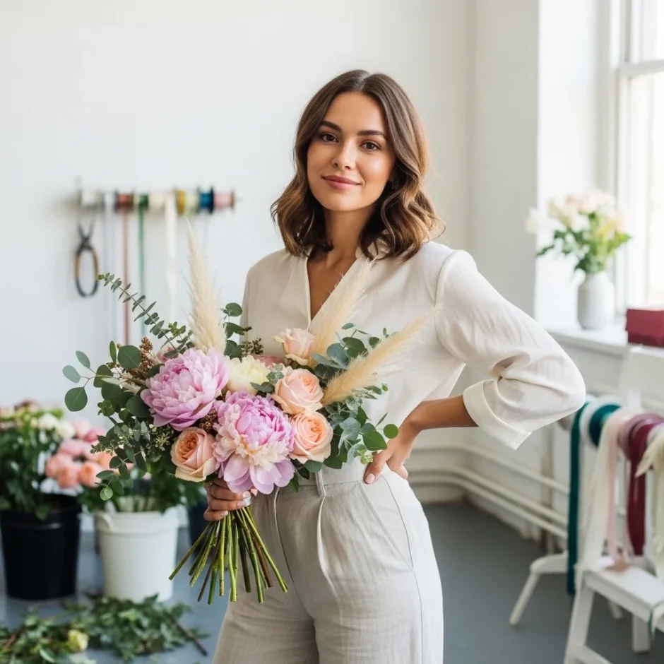 Beginner bride holding a DIY bridal bouquet made with wholesale roses, peonies, eucalyptus, and greenery in a bright home studio setting.
