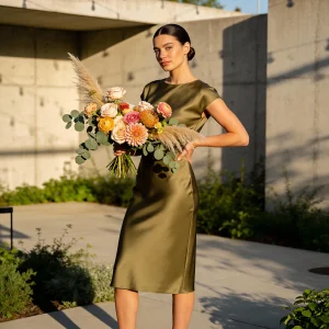 Modern bridesmaid holding a DIY bridesmaid bouquet made with bulk roses, dahlias, ranunculus, and greenery in an outdoor wedding setting.