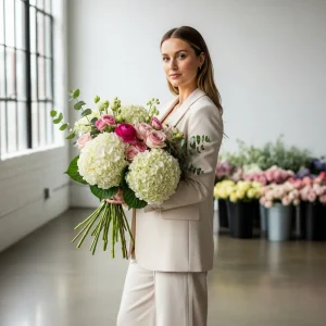 Woman holding a large wedding bouquet of white and green hydrangeas in a bright studio, showcasing wholesale hydrangeas for weddings and event floral design.