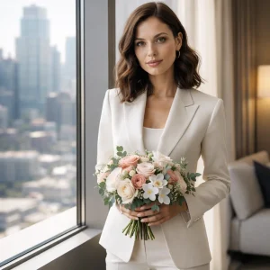 Bride holding lush bouquet of roses, ranunculus, peonies, hydrangeas, and eucalyptus in bright bridal suite with natural window light